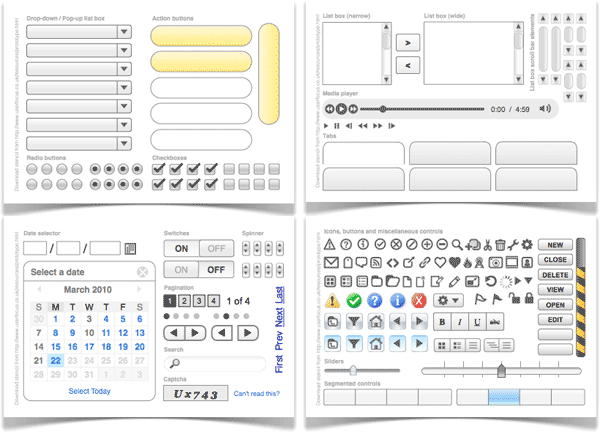 4 pages of design elements for use in paper prototyping